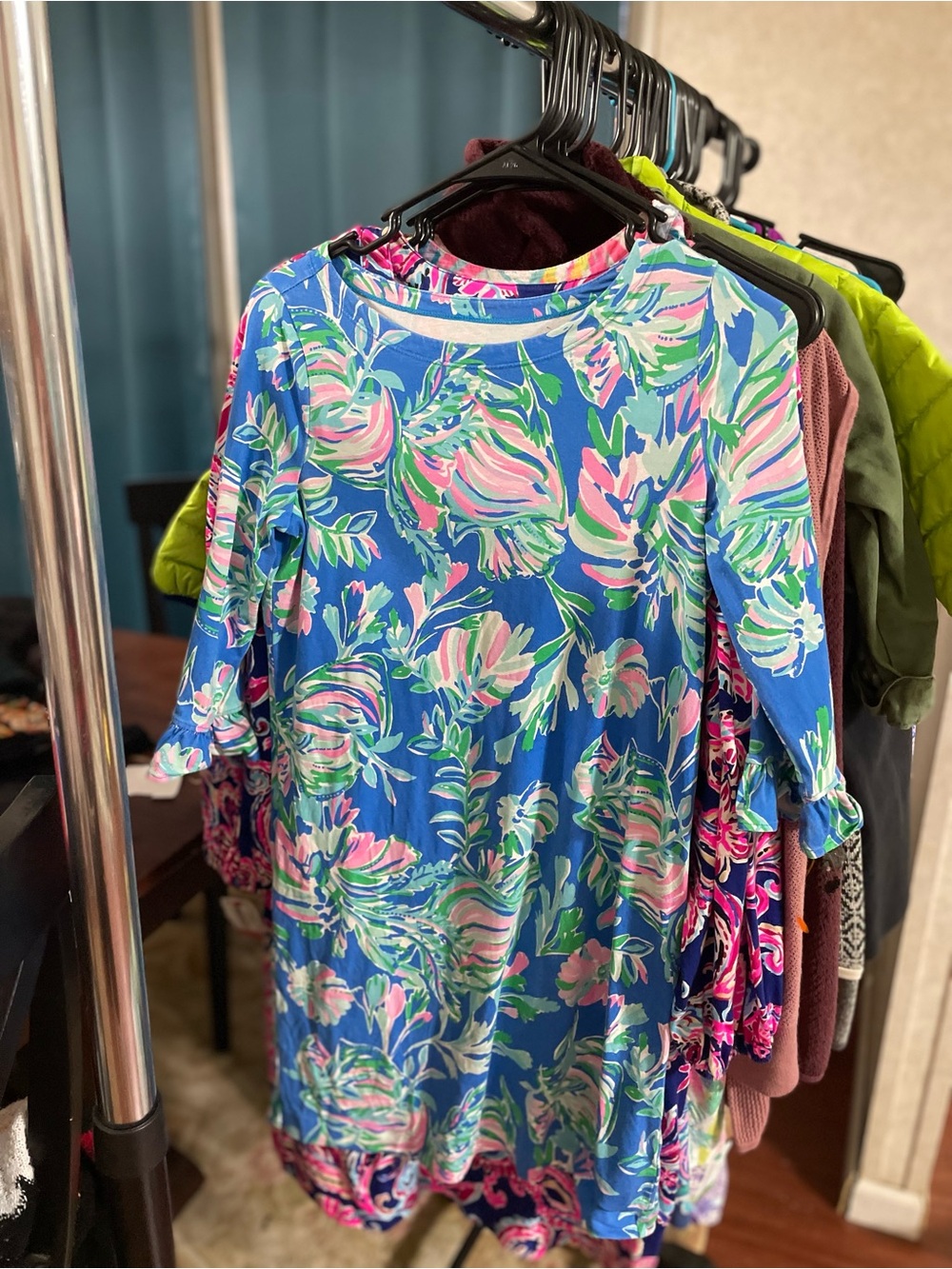 Lilly Pulitzer Blue Floral Shift Dress with Pink and Green Print